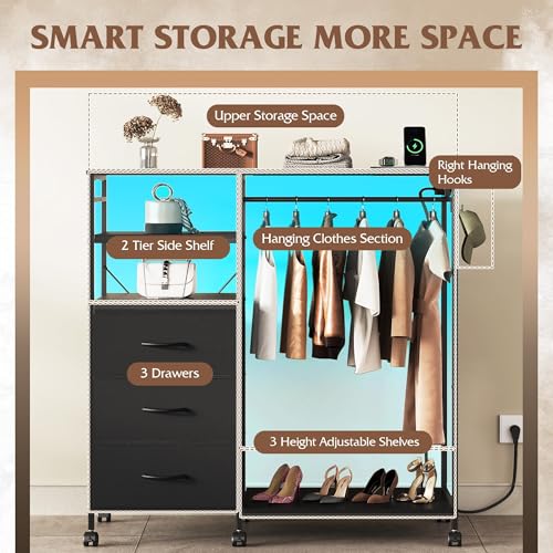 WLIVE Black Dresser with Hanging Rack for Bedroom, 3 Drawer Dresser with LED Lights & Charging Station, Fabric Dressers & Chest of Drawers, Storage Organizer with Open Shelves for Living Room - color: Black