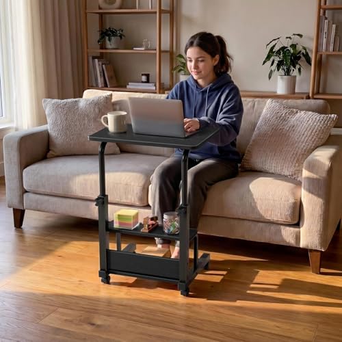 WINAZ Small Rolling Desk for Small Spaces - 24" Portable Kids Desk with Wheels, Height Adjustable C Shaped Side Table Mobile Laptop Desks with 2-Tier Storage Shelves for Bed Sofa, Black - color: Black
