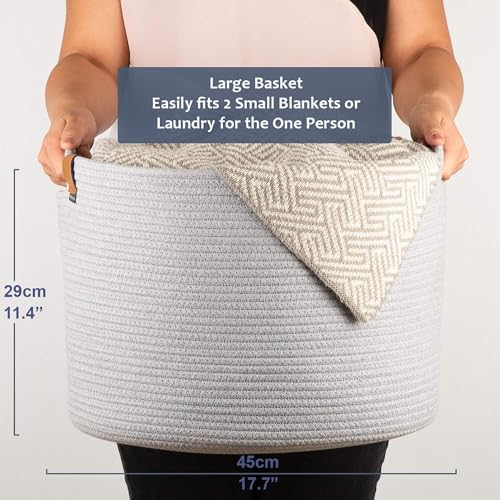 DENJA & CO Large Blanket Basket for Living Room - Decorative Woven Baskets for Storage | Cotton Rope Large Baskets for Blankets, Pillows, Toys, or Laundry | Light Gray (17.7" Wide x 11.4" Tall) - color: Light Grey, size: Large (17.7"W x 11.4"H)