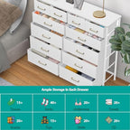 VASICAR Chest of Drawers for Bedroom with 12 Deep Drawers Tall Fabric Dresser, Storage Cabinet for Closet, Nursery, Bedside, Living Room, Entryway, Hallway (White) - color: White