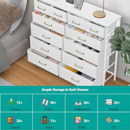 VASICAR Chest of Drawers for Bedroom with 12 Deep Drawers Tall Fabric Dresser, Storage Cabinet for Closet, Nursery, Bedside, Living Room, Entryway, Hallway (White) - color: White