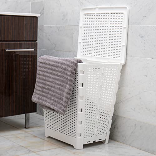 Mind Reader 61L Foldable Laundry Hamper, Clothes Basket, Lid, Wicker Design, Plastic, 18"L x 14.5"W x 21.25"H, White - color: White