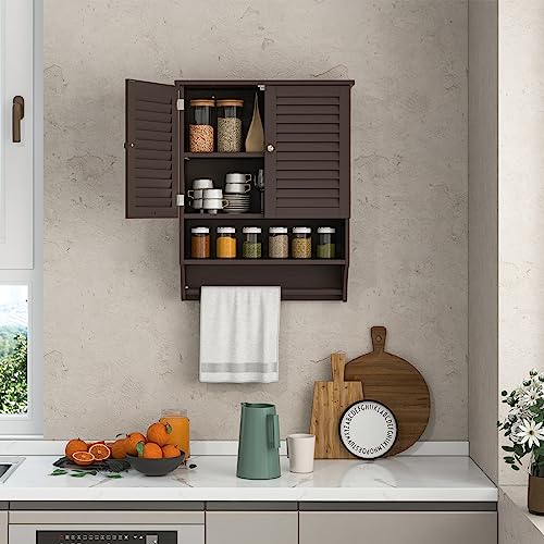 Tangkula Wall Mounted Bathroom Cabinet w/Open Shelf & Bar, Medicine Cabinet w/Double Louvered Doors, Adjustable Shelf, Wall Storage Cabinet for Bathroom Living Room Kitchen (Espresso) - color: Espresso