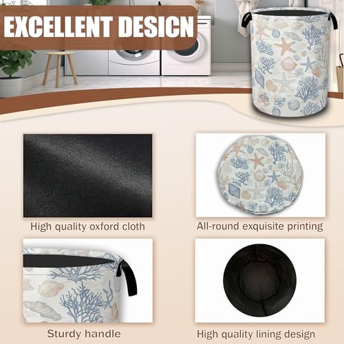 Seashells Starfish Laundry Basket,Waterproof Foldable Laundry Hamper,Dirty Clothes Basket, Linen Bin Storage Organizer Collection 16" x 20.8" - color: Seashells Starfish
