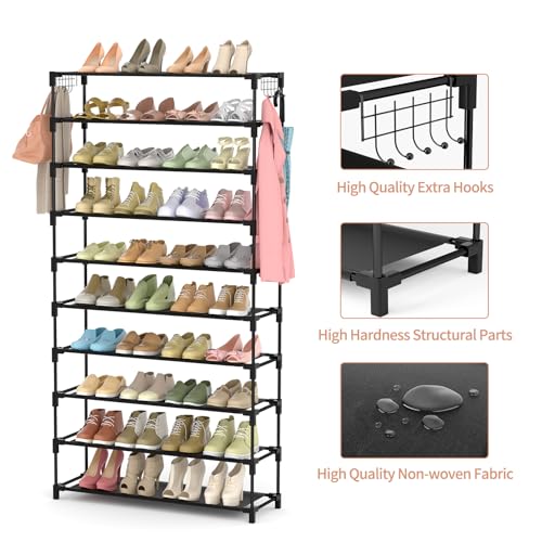LANTEFUL 10 Tiers Shoe Rack 50 Pairs Large Capacity Tall Shoe Organizer Sturdy Shoe Storage with Two Hooks Space Saving Metal Wide Shoe Rack for Closet, Entryway, Bedroom, Black - color: Black, size: 10 Tier-61.2" High-34" Wide