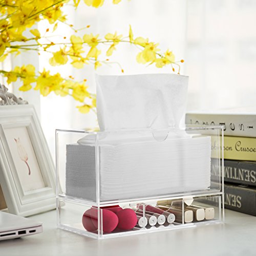MyGift Modern Clear Acrylic Facial Tissue Dispenser Holder with Pull-Out Drawer for Makeup Cosmetics and Accessories, Vanity Countertop Bathroom Supplies Caddy - color: Clear