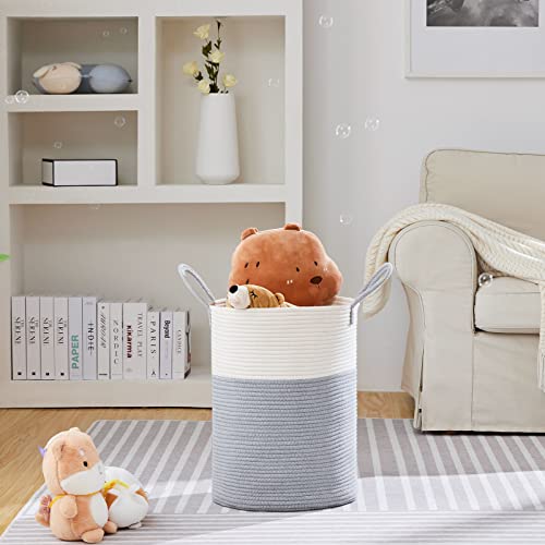 VIPOSCO Large Laundry Hamper, Tall Woven Rope Storage Basket for Blanket, Toys, Dirty Clothes in Living Room, Bathroom, Bedroom - 58L Grey & White - color: Grey, size: 58L