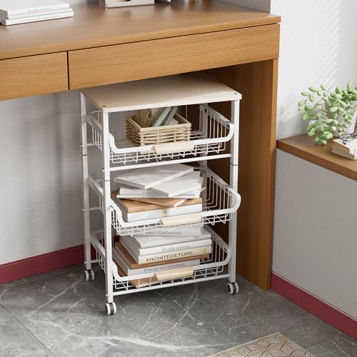 NiuYichee 4-Layer Fruit Basket Kitchen Food Storage Organizer and Storage Rack, Stackable Storage cart with Desktop, Pull-Out Hollow Metal Storage Basket, liding Out Storage,White - color: White 4-layer Rack