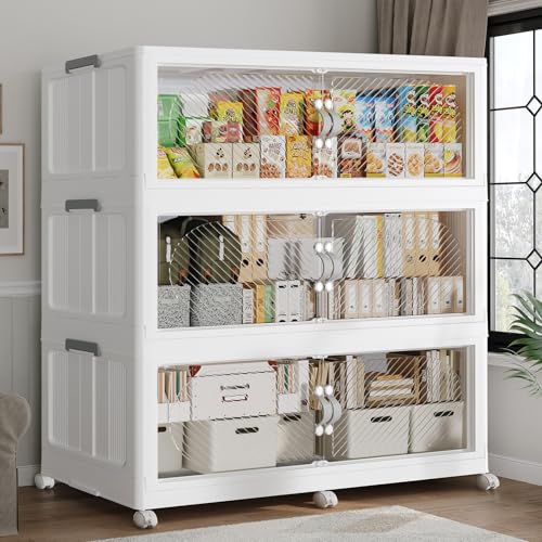 180GAL Plastic Storage Bins with Lid, 720QT Extra Large Stackable Closet Organizers and Storage, Collapsible Storage Boxes with Wheels, Folding Cabinet for Home Kitchen Office, 3Pack White - color: 60Gal-White, style: 3Pack