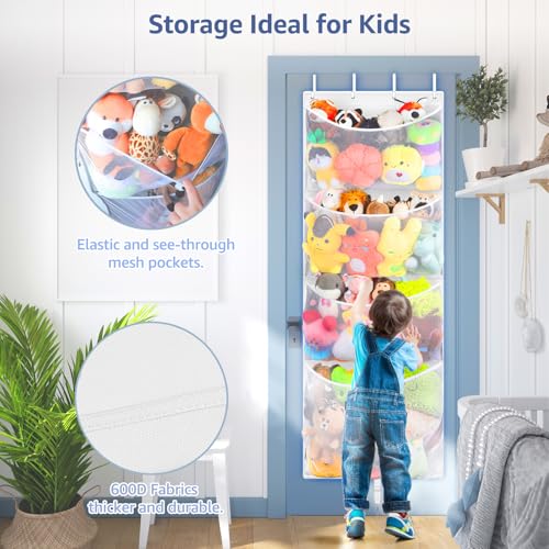 Woodoulogy Hanging Stuffed Animal Storage, Over Door Large Plush Toy Organizer with Metal Hook, Baby Accessory Holder Idea for Nursery, Doll & Bear Mesh Hammock Bag for Girl Boy Kid Room - color: White
