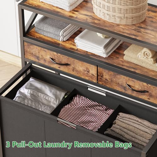 Laundry Hamper 3 Section, 150L Rolling Laundry Sorter Basket with 2 Shelves and 2 Drawers, 3 Compartment Clothes Organizer Cart with Wheels, Pull-Out Bags for Laundry Room, Bathroom, Bedroom - color: Brown, size: 150L