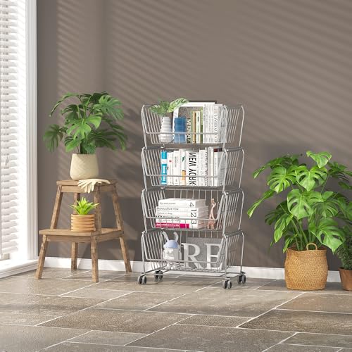 PUSDON 4-Tier Large Stackable Wire Storage Baskets with Wheels, Metal Rolling Utility Cart Organizer, Fruit and Vegetable Produce Basket for Kitchen Pantry, Bathroom Floor Shelf, Silver Grey - color: Silver Grey, size: 4 Tier Plus