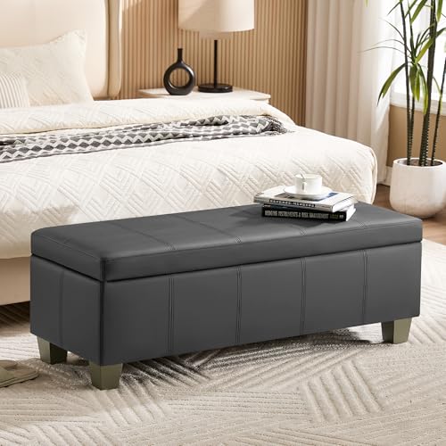 WUTUTUEE 51" Faux Leather Storage Ottoman, Stitch Tufted Rectangle Upholstered End of Bed Storage Bench, Entryway Large Couch Ottoman with Wooden Legs,Dark Grey - color: Dark Grey, size: 51 Inch