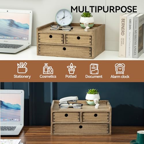 KIRIGEN Desk Organizer with Drawers - Wood Drawer Storage Box with Trays for Tabletop - Workspace Office Toiletries Supplies Tool Caddy - Wooden Storage Cabinet Dark Brown（DT2D3C-DBR） - color: Dark Brown, size: 2 layer-3 drawers