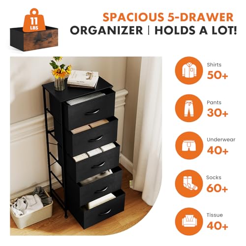 Sweetcrispy 5 Drawer Dresser with Fabric Bins, Sturdy Steel Frame and Wood Top, Storage Organizer Chest for Bedroom, Closet, Hallway, Black - color: Black, size: 15.7"D x 11.8"W x 47.7"H (5 Drawers)