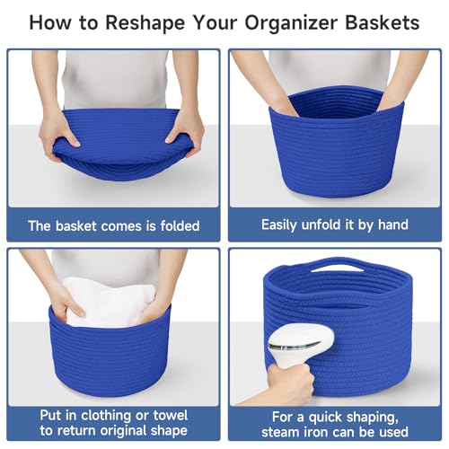 Small Rope Baskets for Storage, Baskets for Gifts Empty, Cute Round Woven Basket, Decorative Shelf Baskets 9.82×9.82×7.1", Cotton Toy Basket Storage Bins for Organizer 3 Packs - color: Deep Blue-3PCS