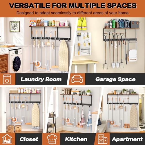 Broom Holder Wall Mount with Cleaning Supplies Organizer, Laundry Room Organization and Storage Shelves with Ironing Board Holder, Mop Hanger Broom Rack with Hooks, Home Improvement Garage Organizer - size: Extra Large