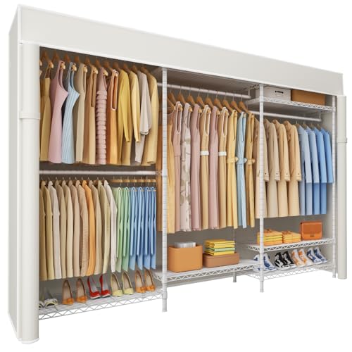 Ulif E13C Pro Heavy Duty Closet Organizer System，Freestanding Clothing Racks for Hanging Clothes，Adjustable Garment Rack 75" W x16 D x77 H Hold 1000lbs，White Rack with White Dustproof Cover - color: White Rack with White Cover, size: E13C Pro