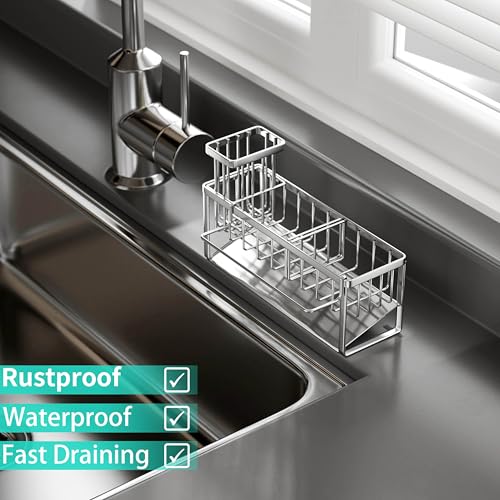 HapiRm Sponge Holder for Kitchen Sink - Self-draining Sink Caddy with Brush and Dishcloth Holders with Sloping Drainage - Silver - color: Silver-sloping, size: with Dishcloth Holder