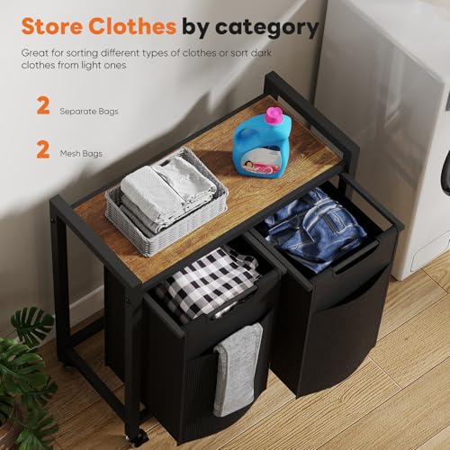 DUMOS Laundry Hamper with 2 Pull-Out Removable Sorter Bags, Movable Wheels, Freestanding Clothes Basket Organizer in Bathroom, 2 × 13.1Gal (99L) Capacity, Rustic Brown and Black - size: 26.2 Gal (99L)