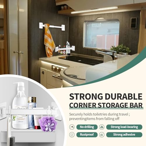 RV Shower Corner Storage Bar Base Angle and Adjustable Rod Length Bottom White Corner Frame Suitable for Fixing Toilets in RVs (1)