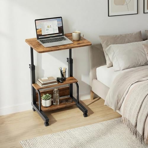 WINAZ C Shaped Rolling Laptop Desk - 24" Rustic Brown Mobile Kids Desk with Wheels for Small Spaces, Height Adjustable Overbed Table with 2-Tier Storage Shelves - color: Rustic Brown