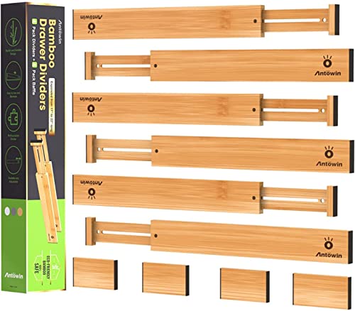 ANTOWIN Bamboo Drawer Dividers, Expandable Drawer Separators Splitter, 17-22 inches Adjustable Spring-loaded Organizer for Large Utensil, Clothes, Tools Drawers, 6 Pack Dividers + 4 Pack Baffle - color: Yellow