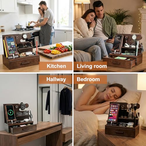 TESLYAR Wood Phone Docking Station with Drawer - Nightstand Organizer - Desk Organizer for Husband - Birthday Gifts for Men, Dad, Anniversary, Key Holder Stand Watch, Accessories (Chocolate Brown) - color: Chocolate Brown