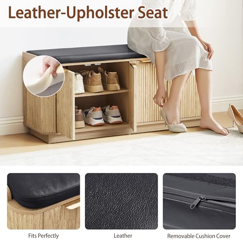 Fluted 2-Tier Entryway Shoe Bench with Doors and Adjustable Shelf, 43.3'' Wide Shoe Storage Bench with Cushion Seat for Entrance, Hallway, Living Room, End of Bed - Natural - size: Door-natural