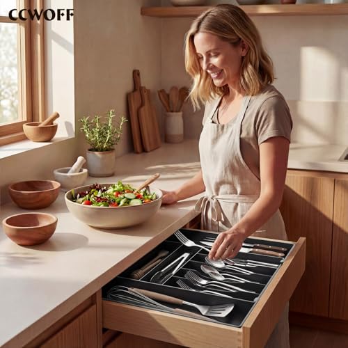 Extra Large Silverware Organizer, 9 Slot Expandable Kitchen Drawer Organizer, Utensil Holder, Heavy Duty Stainless Steel Frame Silverware Drawer Organizer, 8 Non-Slip Feet Included, BPA Free, Black - color: Black