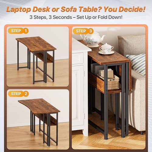 Huuger Folding Desk with Storage Shelf, 39.3 Inch Foldable Computer Table for Small Spaces, Space Saving Sofa Table for Couch, Writing Work Office Computer Desk, Easy to Fold, Rustic Brown - color: Rustic Brown, size: 18.5"D x 39.4"W