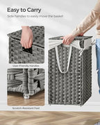 SONGMICS Laundry Hamper with Lid, 23.8 Gallon (90 L) Synthetic Rattan Clothes Laundry Basket with Lid and Handles, Foldable, Removable Liner, Dove Gray ULCB51WG - color: Dove Gray, size: 90 L