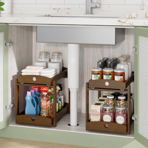 Bamboo Wood Under Sink Organizer 1 Pack, Pull Out Cabinet Organizer 2 Tier Under Sink Organizers and Storage w/Sliding Drawer Sturdy Easy Assembly for Kitchen Bathroom Undersink (Walnut, 2 Packs) - color: Walnut