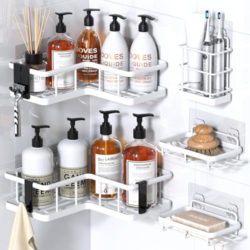 YASONIC Corner Shower Caddy, 5-Pack Adhesive Rustproof Stainless Steel Shower Organizer with Soap Holder, No Drilling Shower Shelf for Inside Shower, Dorm, Renters, White - color: White, size: 5Pack