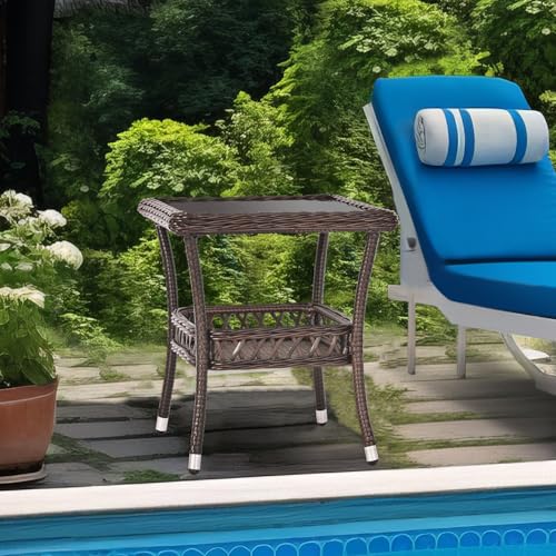 Outdoor Side Table Wicker Outdoor End Table for Patio Outside Brown Patio Coffee Square Tables with Storage & Glass Top for Backyard Porch - color: Espresso Brown