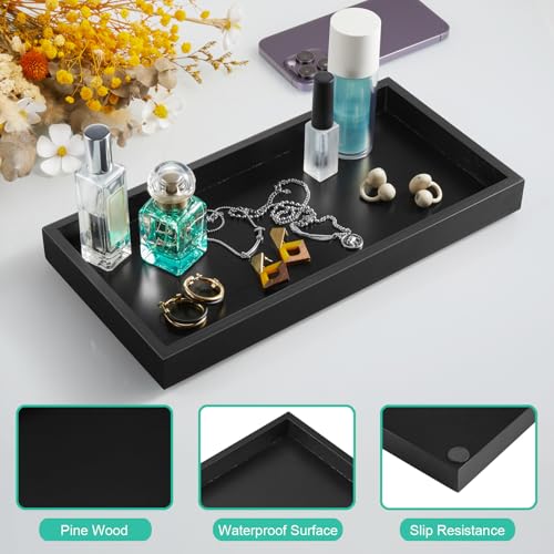 ALELION 13" Bathroom Vanity Tray for Counter - Black Wood Tray for Toilet Tank Makeup Perfume Jewelry Catchall Coffee Table - Wooden Kitchen Countertop Organizer for Soap Dispenser - color: Black, size: 6.5" x 1.2" x 13"