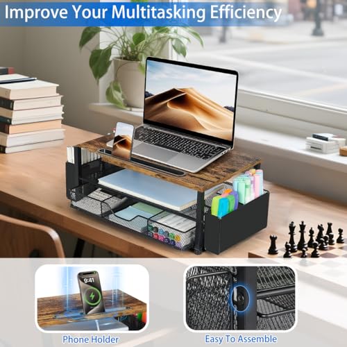 AUPSEN Wood Desk Organizers and Accessories, 2-Tier Computer Monitor Stand Riser with Drawer, Pen Storage & Phone Holder, Office Desk Accessories, Workspace Desktop Organization for Office Supplies（Brown） - color: Brown Wood