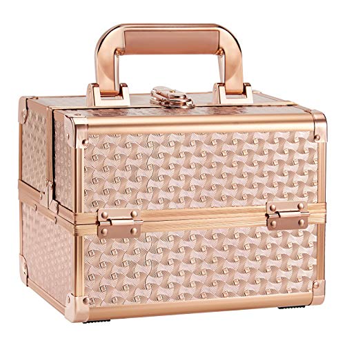 Joligrace Beauty Makeup Train Case for Lady Portable Cosmetic Box Jewelry Organizer Lockable with Keys and Mirror 2-Tier Trays Carrying with Handle Makeup Storage Box - Rose Gold - color: Rose Gold