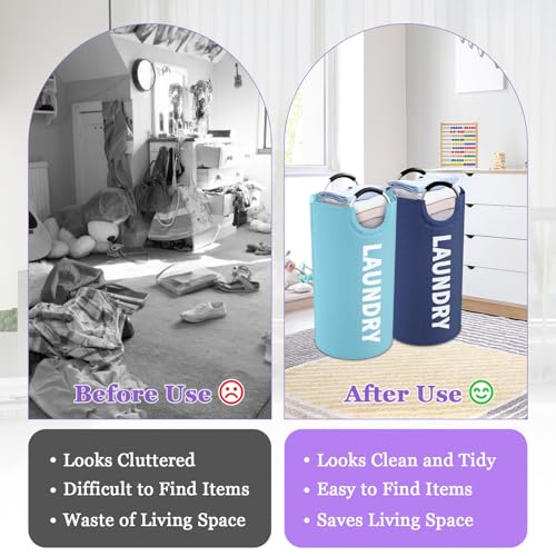 2Pcs Foldable Laundry Basket with Handles, 95L Large Clothes Hampers for Men, Tall Laundry Bin Stand Up Well, Portable Storage Basket for Family, Flat, Blue + Navy Blue - color: Blue + Navy Blue, size: L-95L