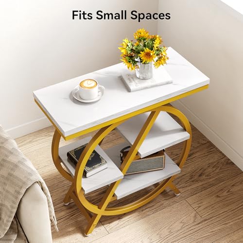 LITTLE TREE End Table, 4-Tier Narrow Faux Marble Side Table with Large Storage Space, Modern Nightstand and Bedside Table for Living Room, Home Office, Bedroom, White and Gold - color: White and Gold
