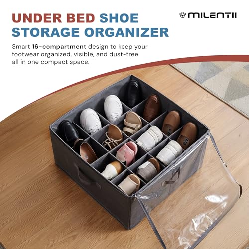 Under Bed Shoe Storage Organizer 16 Compartment, Foldable Shoe Organizer Under Bed with Clear PVC Lid, Shoe Storage Box with Zipper & Handle for Closet Bedroom, Grey, Pack of 2 - color: Grey