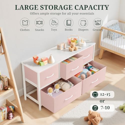 5-Drawer Dresser for Bedroom, Anti-Tip Wide Storage Organizer Fabric Chest of Drawers TV Stand for 45" TV with Wooden Top and Metal Frame for Closet, Living Room, Hallway, Entryway, Pink - color: Pink, size: 11.8"D x 39.4"W x 20.9"H (5 Drawers)