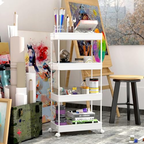 SPACEKEEPER Storage Cart, 4-Tier Mobile Shelving Unit, Bathroom Rolling Cart Utility Storage Organizer Shelf for Kitchen Living Room Bathroom Laundry Room & Dressers, White - color: White, size: 4 Tier