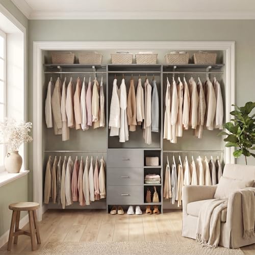 Aheaplus Closet System, Closet Organizer with 3 Wooden Drawers, 8FT Closet Organizer System, 96’’ Walk-in Closet Wardrobe Clothes Rack with Hanging Rods, Garment Rack, Fits 5.3-9 ft, -G6, Grey - color: Grey