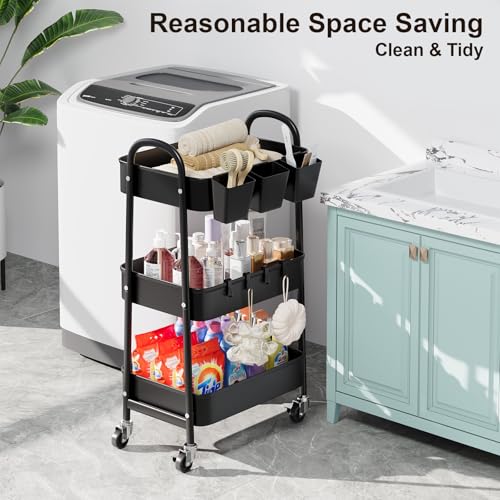 3 Tier Metal Rolling Cart with Lockable Wheels, Black Three Tiered Utility Storage Organizer Carts on Wheels for Bathroom, Kitchen, Laundry, Garage, Office, Craft, Art, Baby, Diaper Caddy, Snack, Book - color: Matte Black, size: 3 tier