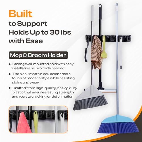 Heavy Duty ABS Plastic Broom Holder with 5 Slots and 6 Hooks | Wall Mount Mop and Broom Hanger | Waterproof Broom Organizer with Screws| Wall Mount Tool Organizer for Garage Storage - size: 5 Slots & 6 Hooks