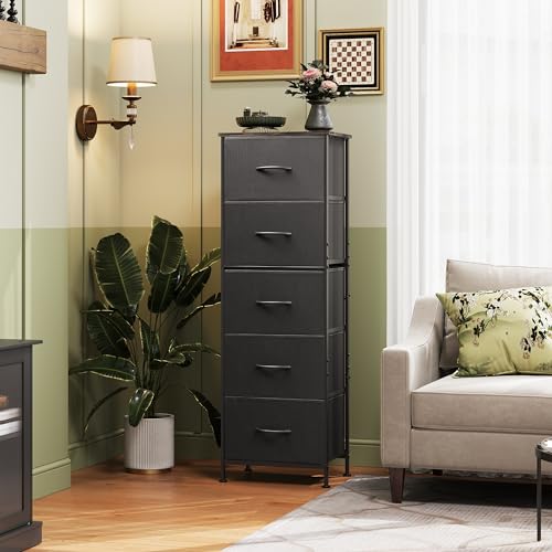 WLIVE Fabric Dresser, 5-Drawer Tall Dresser for Bedroom, Storage Organizer with Fabric Bins, Wood Top, Sturdy Steel Frame, Chest of Drawers for Closet, Hallway, Charcoal Black - color: Charcoal Black