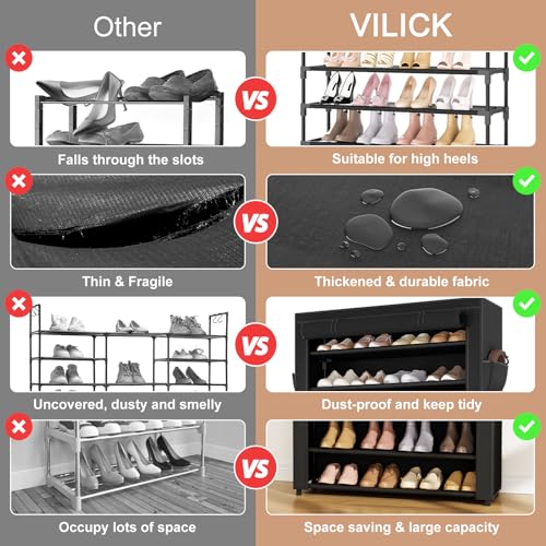 VILICK Shoe Rack with Cover Narrow Shoe Organizer with Pockets 10 Tier Tall Shoe Storage Holds 36-41 Pairs Shoes and Boots Shoe Rack for Closet Entryway Garage, Black - color: Black, size: 10 Tiers-34.6" Wide