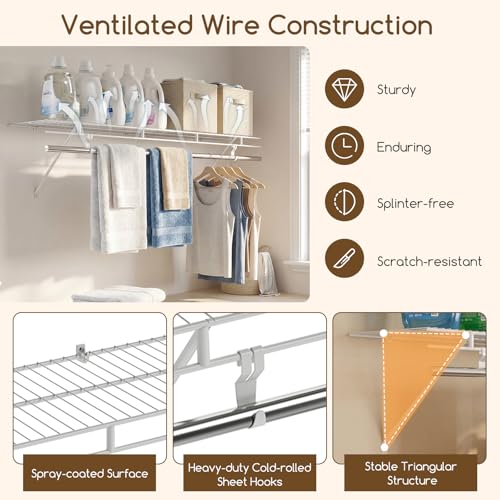 COSTWAY Closet Shelves Wall Mounted, Closet Shelf with Hanging Rod, Ventilated Metal Wire Shelving Kit, Wire Wall Shelf for Laundry Room, Bedroom, Home, Mounting Accessories Included (4 ft x 12 in) - size: 4 ft x 12 in