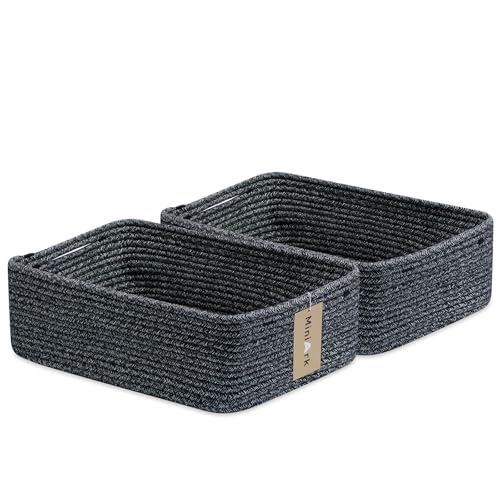 MiniArk Large Shallow Organizing Baskets 15x11x5.1 Inches - Rope Woven Storage Bins for Bathroom, Shelves, Cube Closet, Mixed Black 2 Packs - color: Mixed Black, size: 2pcs-L15×W11×H5.1"